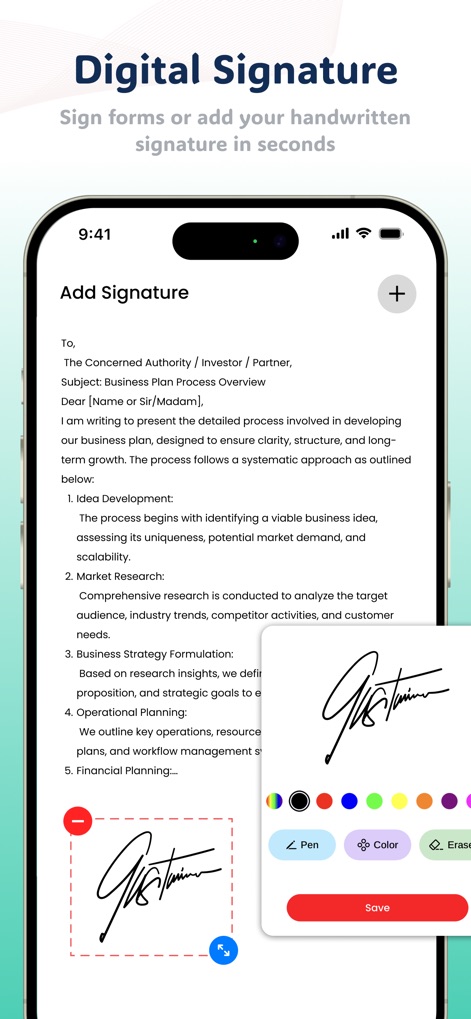 OKEN Scanner - PDF Scanner - Ajoutez votre signature manuscrite directement sur n'importe quel document en utilisant le 'signature pad' interactif, avec des options de 'Pen' et de 'Color' pour une personnalisation complète.