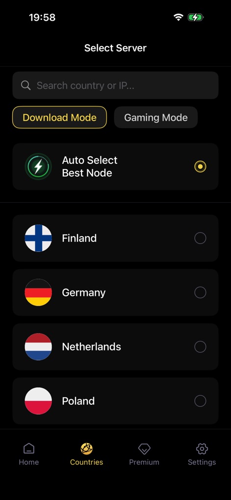 VPN - Planet Super bear - 사용자는 '국가 목록'에서 원하는 서버를 선택하거나, '다운로드 모드' 및 '게이밍 모드'와 같은 특정 활동에 최적화된 서버를 찾을 수 있습니다.