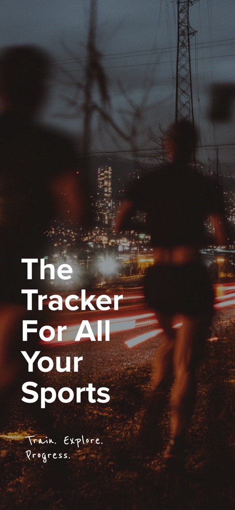 Sports Tracker: Run Bike Hike - La aplicación inspira a los usuarios a entrenar y progresar, con la imagen de corredores en movimiento que sugiere actividad y exploración nocturna.