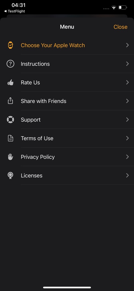 Watch Faces & Widgets Gallery - Examine the app's comprehensive menu, providing access to practical support features like "Instructions" and "Support", alongside crucial policy documents including "Terms of Use" and "Privacy Policy".