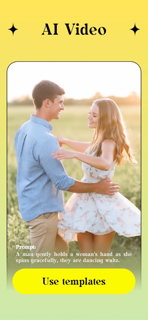 Ritmo Video: AI Video Generate - The app brings textual prompts to life, transforming detailed descriptions into dynamic video scenes featuring subjects like a dancing couple in a field.