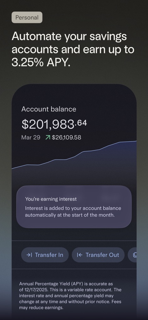 Mercury | Bank Differently - This tool facilitates wealth growth by clearly displaying the "account balance" with interest information and providing convenient "Transfer In/Out buttons" for managing savings.