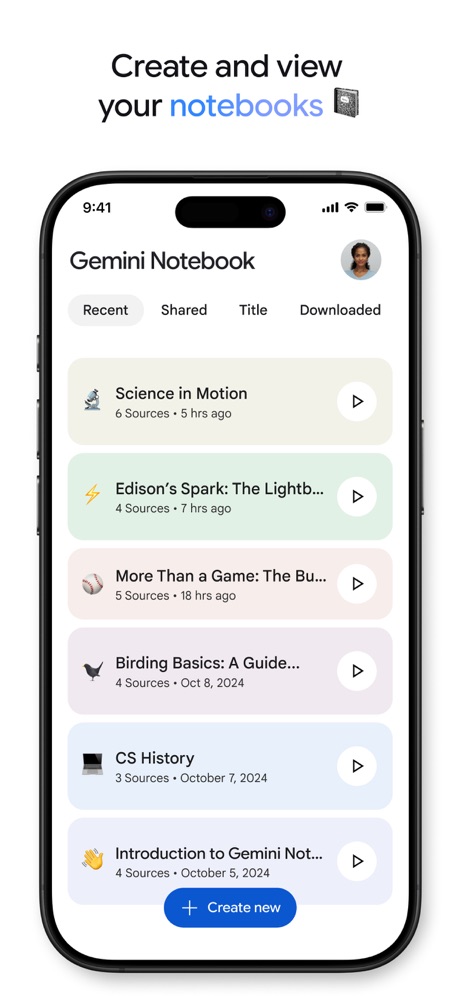 Gemini Notebook App Store screenshot 2, headline “Create and view your notebooks”. A word in a different colour.