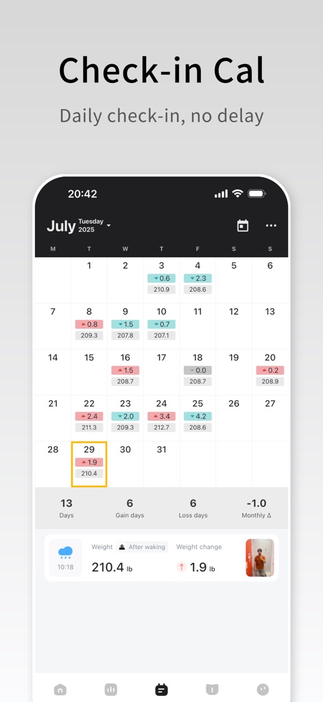 WeightDiary - Track better you - O calendário visual permite um registo diário do peso, mostrando as variações de ganho e perda e as fotos corporais associadas a cada dia.