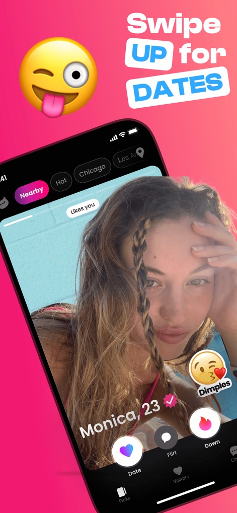 DOWN: The Casual Dating App - Esta tela mostra um perfil, "Monica, 23", com a opção de indicar "Dimples" como um atributo, e orienta os usuários com a frase "Swipe UP for DATES" para encontrar relacionamentos mais sérios.