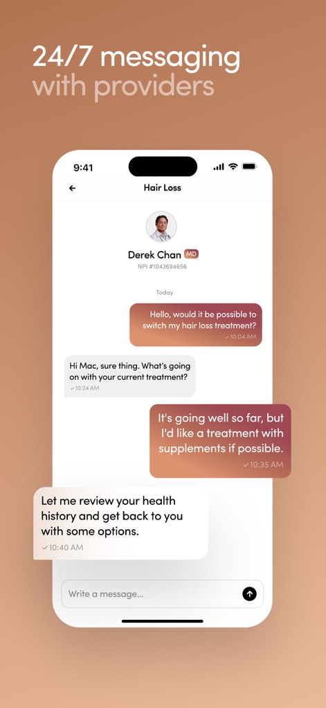 Hims: Telehealth for Men - Witness the app's secure messaging feature, enabling users to communicate directly with licensed providers like 'Derek Chan MD' for treatment inquiries.