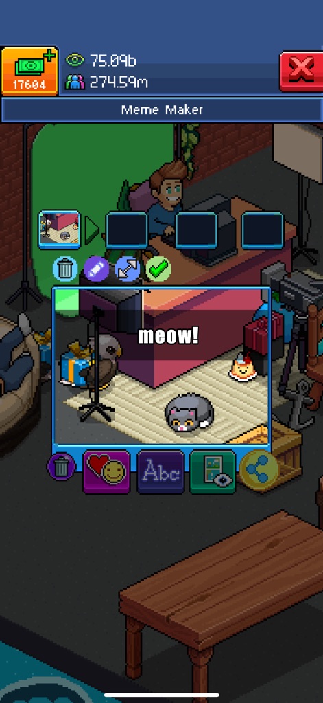 PewDiePie's Tuber Simulator - La herramienta 'Meme Maker' permite a los usuarios añadir texto personalizado y elementos decorativos a sus capturas de pantalla, fomentando la creatividad.