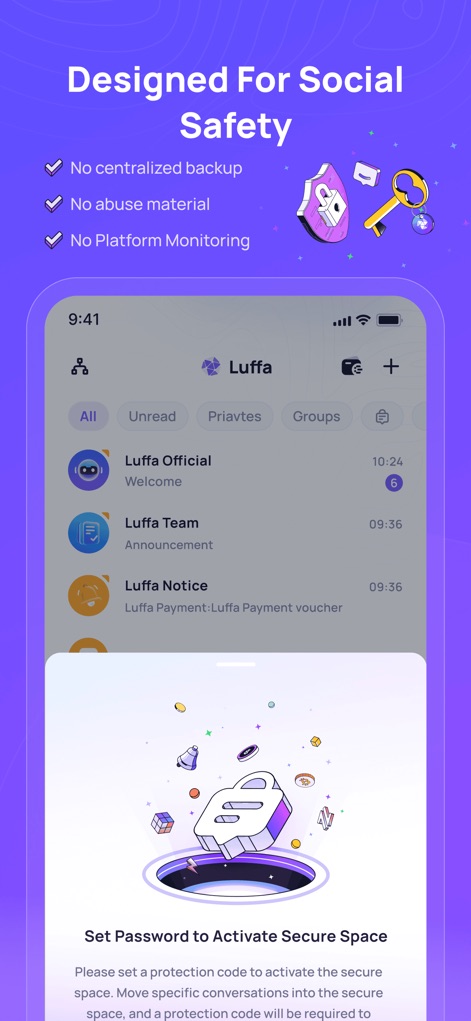 Luffa:Secure Encrypted Chat - This screenshot highlights the app's commitment to "No centralized backup" and offers a "Secure Space" activated by a password for sensitive conversations.