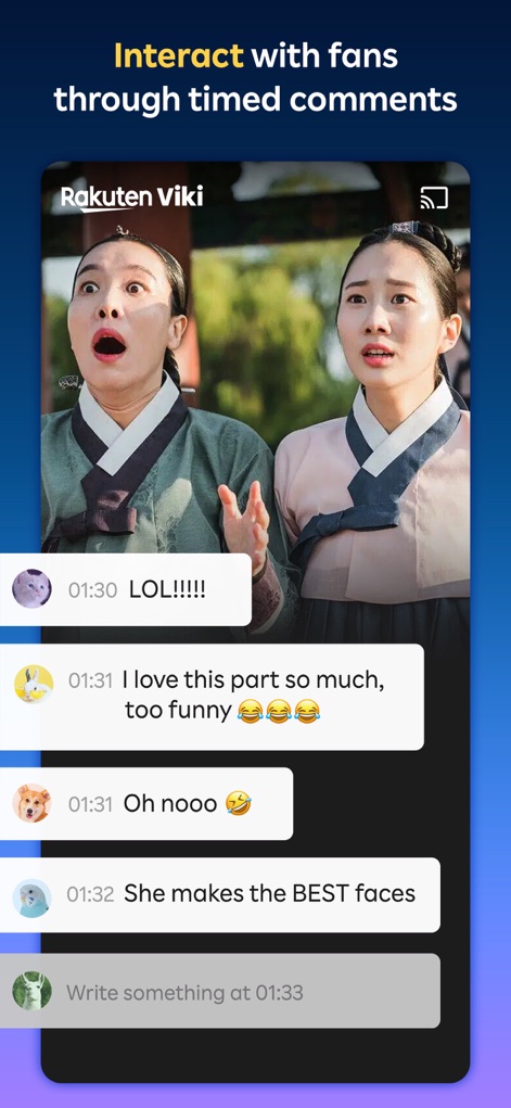 Viki: Asian Dramas, Movies, TV - Esta herramienta integra la experiencia comunitaria con comentarios temporizados, como "LOL!!!!" y "I love this part so much", que aparecen durante la reproducción del video.