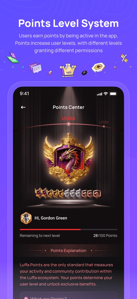 Luffa:Secure Encrypted Chat - The "Points Level System" incentivizes activity, allowing users to progress through levels in the "Points Center" and unlock exclusive benefits.