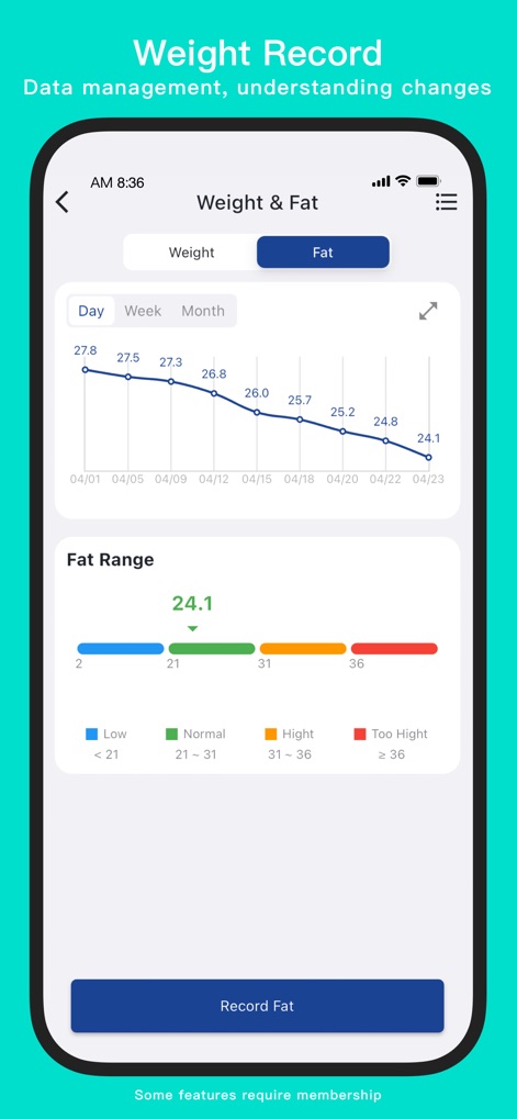 KeepStrong Gym Workout Planner - Users can visualize changes in weight and body fat over time through intuitive line graphs and categorized ranges.