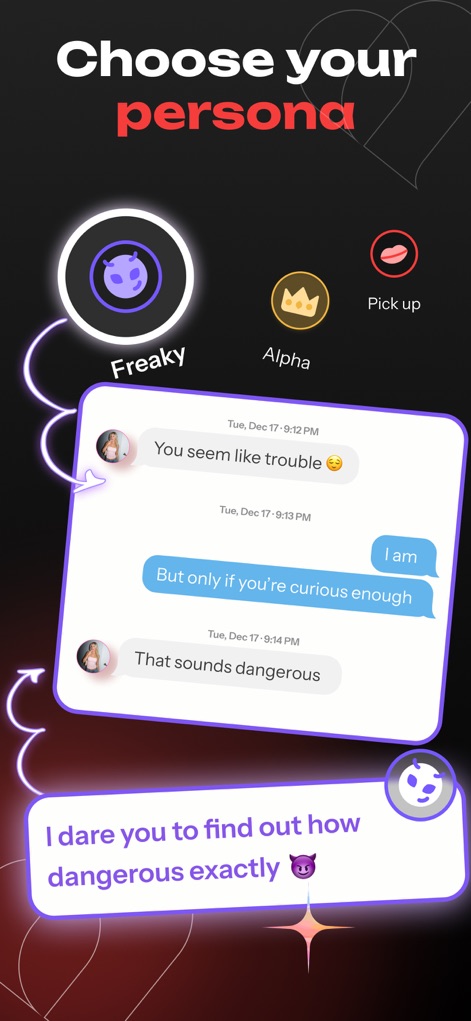 Smoothspeak: AI Dating Coach - La aplicación permite a los usuarios elegir entre distintas 'personas' como 'Freaky' o 'Alpha', adaptando el tono de las respuestas a la conversación en curso.