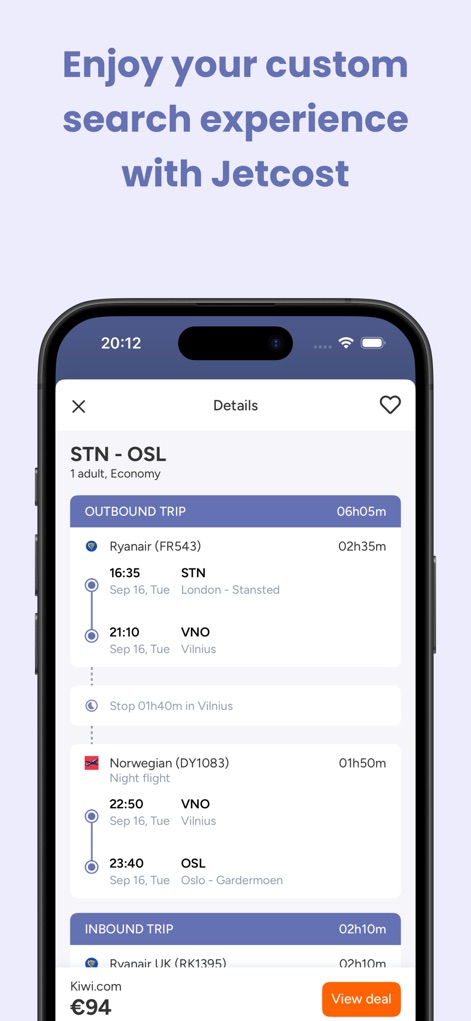 Jetcost: flights and cars - L'application offre une clarté totale sur les itinéraires complexes, présentant l'itinéraire détaillé du vol avec ses escales et compagnies aériennes, et un accès direct à la réservation via le bouton 'View deal' affichant le prix final.