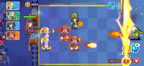 Future Guard - Witness the app's core "Swipe & Defend" gameplay, showcasing strategic character placement on the grid and intense action sequences with lightning and fire effects.