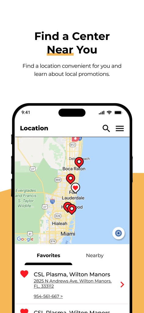 CSL Plasma - The app features an interactive map for convenient center location and a detailed list displaying addresses and contact numbers for nearby facilities.