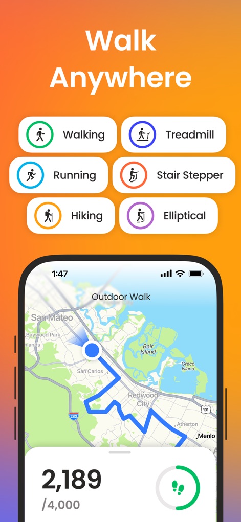 Walking App: Step Counter Go - O aplicativo permite aos usuários visualizar rotas de caminhada no mapa, além de escolher entre diversas opções de treino, como caminhada em esteira e corrida.