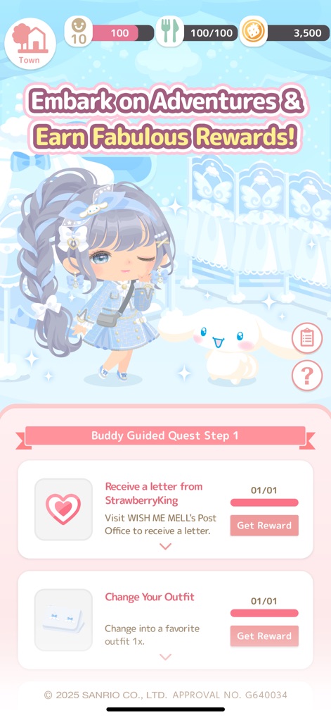 Hello Kitty Dream Village - This screen details the "Buddy Guided Quest" system, encouraging users to complete tasks and earn rewards alongside their chosen Sanrio companion.
