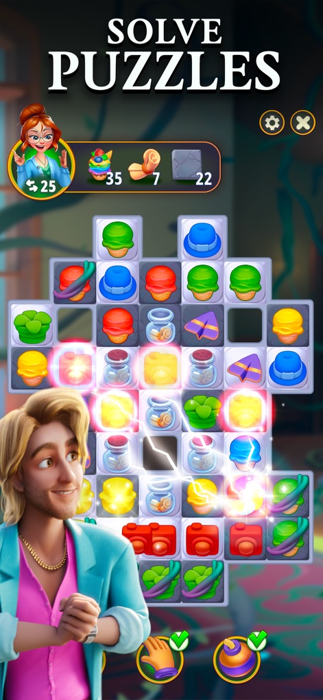 Merge Gardens - Observe the engaging match-3 puzzle grid displaying colorful game pieces and see the exciting combo explosions that reward players with resources.