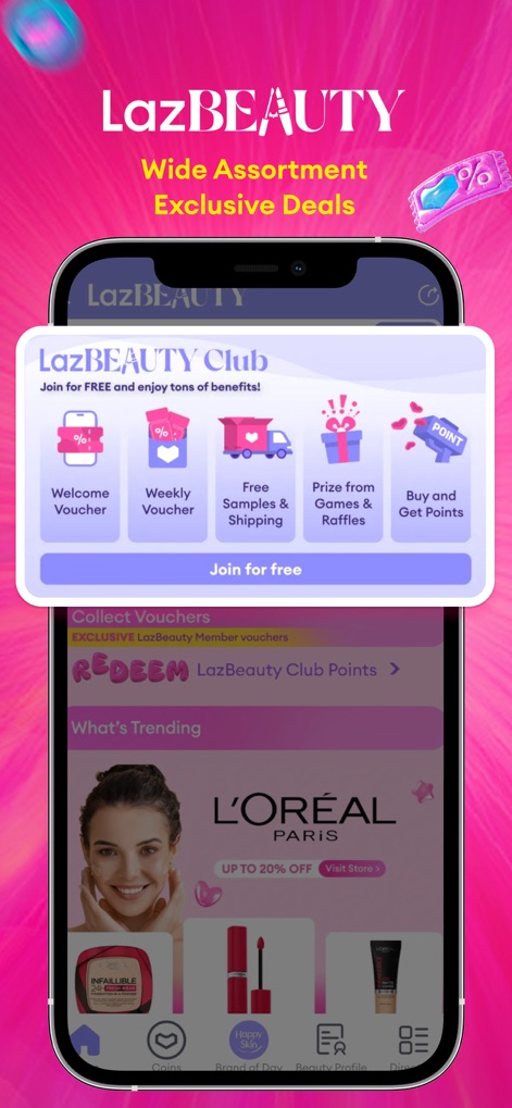 Lazada 4.4 Sale - Users can access exclusive benefits through the 'LazBEAUTY Club', featuring incentives like a 'Welcome Voucher' and 'Free Samples & Shipping' for beauty enthusiasts.