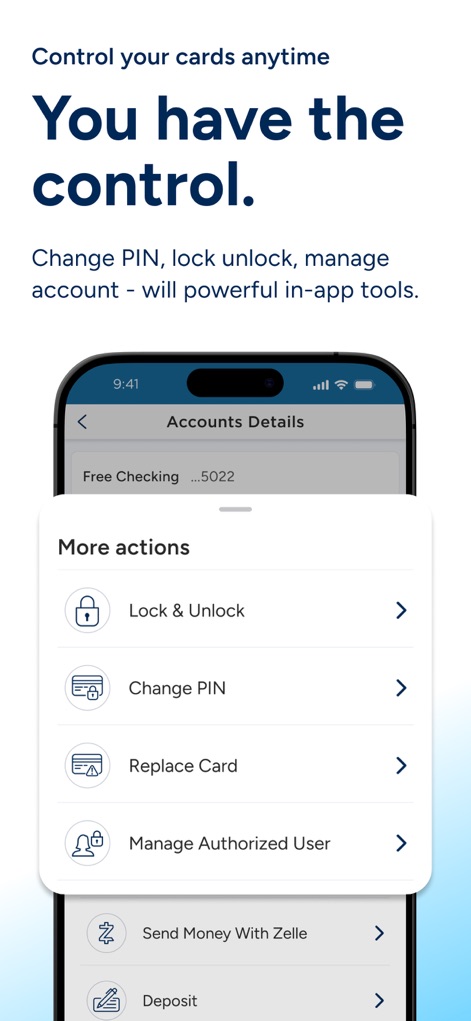 PenFed Mobile - Im Bereich "Accounts Details" finden Nutzer vielfältige Optionen, um ihre Karten zu "Lock & Unlock" oder die "PIN" bei Bedarf direkt in der App zu ändern.