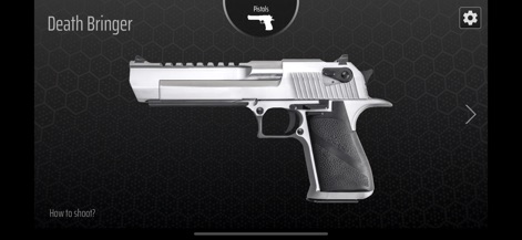 Gun Simulator - Shake to shoot - 이 화면은 'Death Bringer'라는 권총 모델과 우측 상단의 설정 아이콘을 보여주며, 사용자에게 총기 선택 경험을 제공합니다.