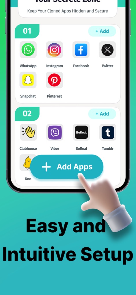 Clone Apps - Parallel Space - Observe the straightforward interface with an intuitive "+ Add Apps" button and organized sections (01 and 02) for effortlessly managing various cloned social and communication applications.