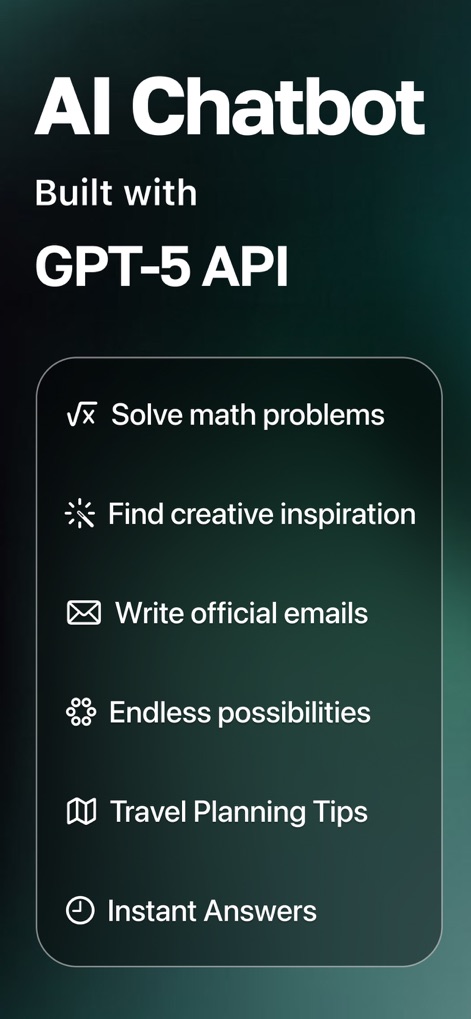 AI Chat Bot - My Assistant - このアプリは最新のGPT-5 APIを搭載しており、数学問題の解決から公式メール作成まで、幅広い機能リストを提供します。