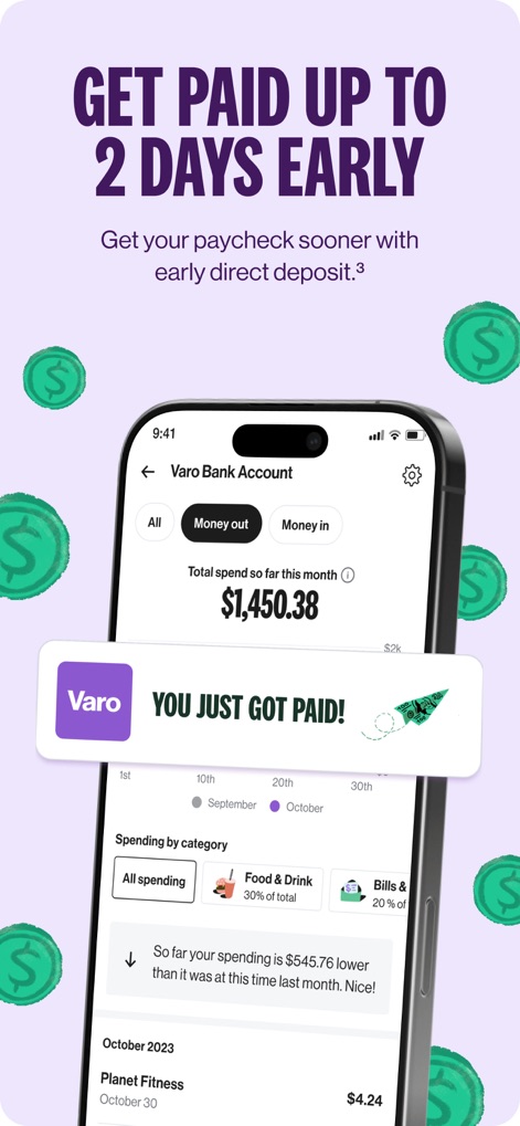 Varo Bank: Online Banking - This view showcases the exciting 'YOU JUST GOT PAID!' notification and the detailed spending by category feature, offering users financial clarity.