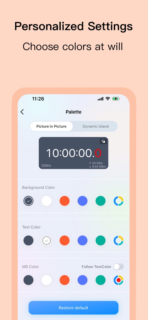 Floating Clock - Users can customize the floating clock's appearance through extensive color palette options for background, text, and millisecond elements, with immediate visual feedback in the live preview.