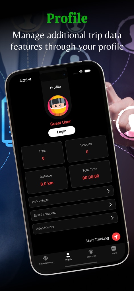 GPS Speedometer: MPH Tracker - Esta pantalla de perfil permite gestionar los datos de viaje del usuario, mostrando métricas como "Trips: 0" y opciones para acceder al historial de videos y ubicaciones guardadas.
