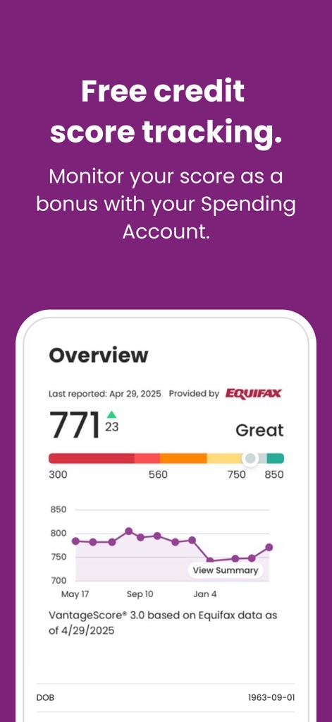 Ally: Bank, Auto & Invest - This tool offers users comprehensive credit monitoring, displaying their current FICO® Score as '771 Great' and a clear trend graph over time.