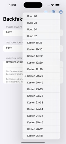 Backform Umrechnung screenshot