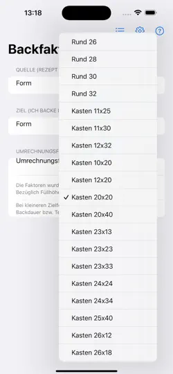 Screenshot von Backform Umrechnung auf dem iPhone 3