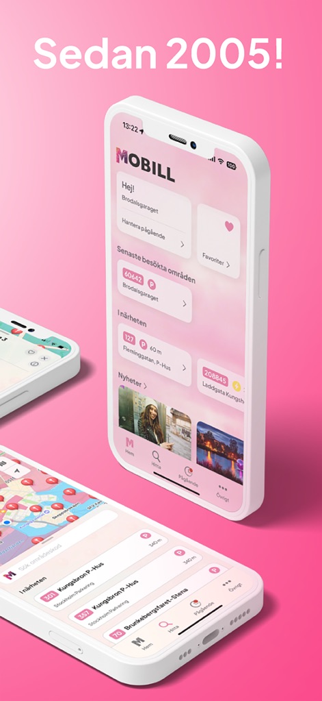 Mobill - Parking & Charging - Die lange Marktpräsenz der App wird hier betont, während die Startbildschirme die Anzeige zuletzt besuchter Parkzonen und die Auflistung nahegelegener Parkmöglichkeiten präsentieren.