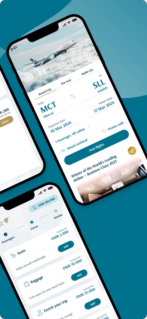 Oman Air - ユーザーは出発地と目的地、日付、乗客数を指定してフライトを検索できる包括的な予約フォームと、座席選択や追加手荷物などのさまざまなオプションを追加する機能を利用できます。
