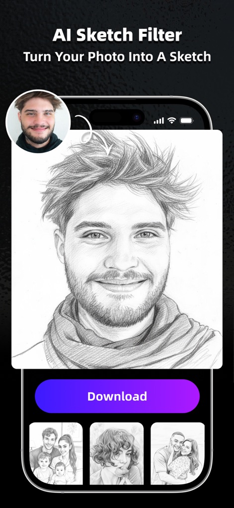 AI Marvels - AI Photo Editor - Users can instantly transform photos into artistic sketches, observing the detailed main sketch output and other styled variations.
