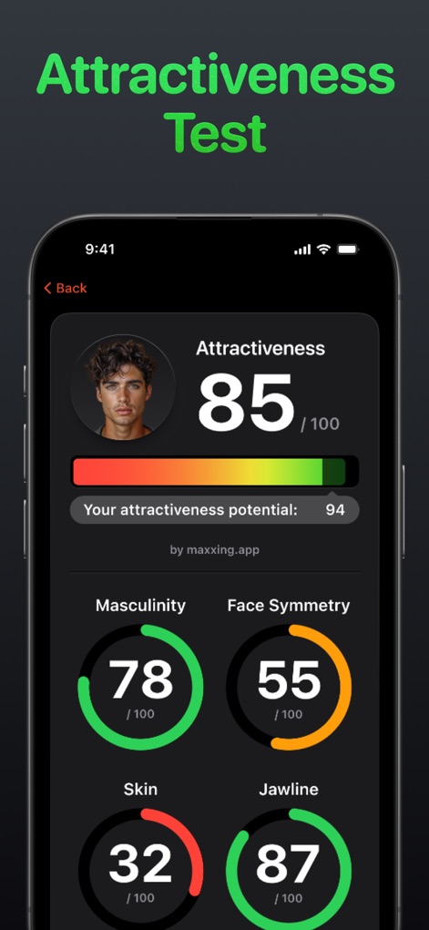 Maxxing: LooksMaxxing Glow Up - This tool provides a comprehensive attractiveness score, breaking down key metrics like masculinity and face symmetry to highlight areas for improvement.