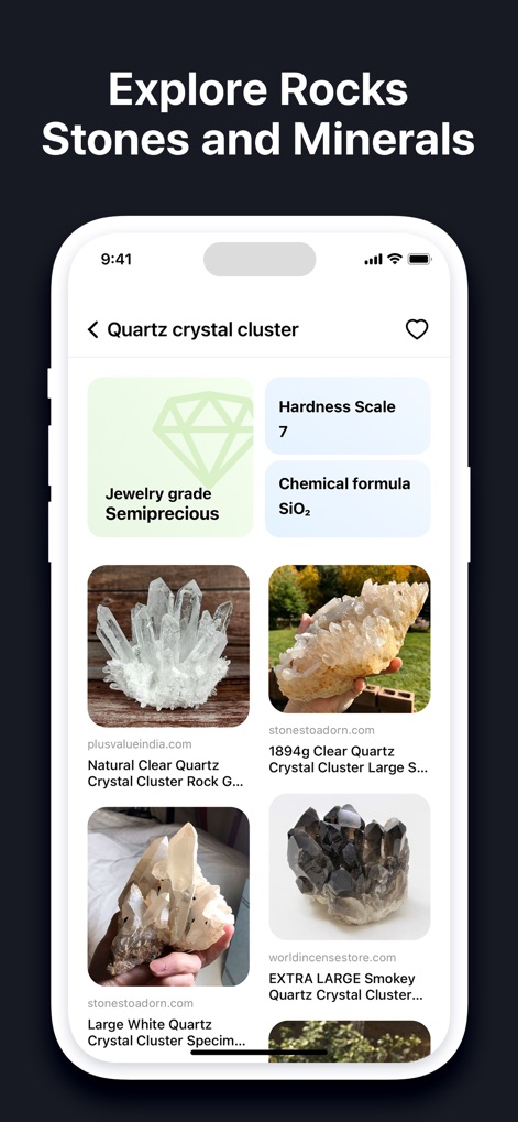 EveryScan・Identifier & AI Lens - Explore detailed information for geological finds, such as the 'Jewelry grade' classification and precise 'Chemical formula (SiO2)' for crystal clusters.