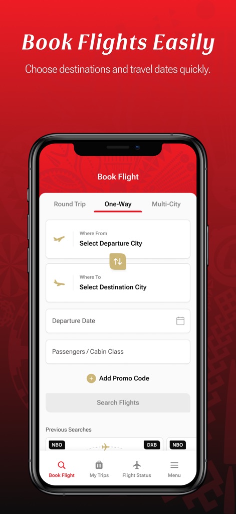 Kenya Airways - L'outil permet aux utilisateurs de choisir facilement entre les onglets 'Aller-retour' et 'Aller simple', et de saisir rapidement les villes de départ et d'arrivée via des champs intuitifs.