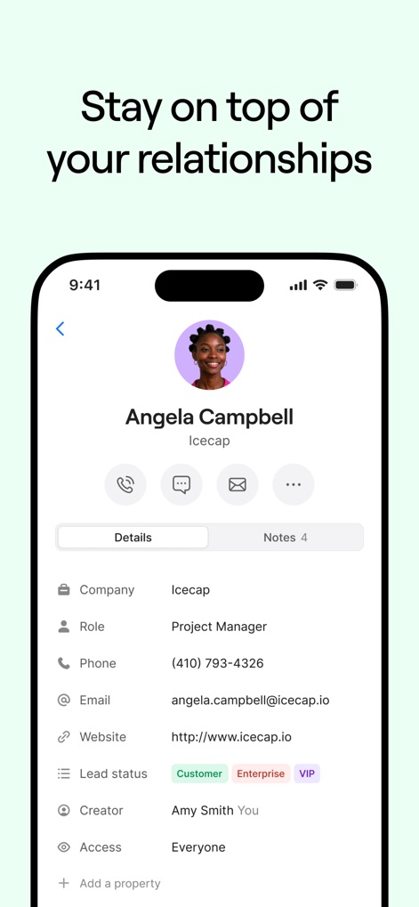 Quo (formerly OpenPhone) - Examine the app's mini-CRM capabilities, displaying extensive contact details and customizable lead status tags for robust customer relationship management.