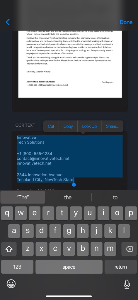 PDF Scanner Pro ⊟ - O aplicativo permite a extração de texto via OCR, como demonstrado pela seção de texto selecionada e as opções de "Copiar" e "Compartilhar" diretamente na tela.
