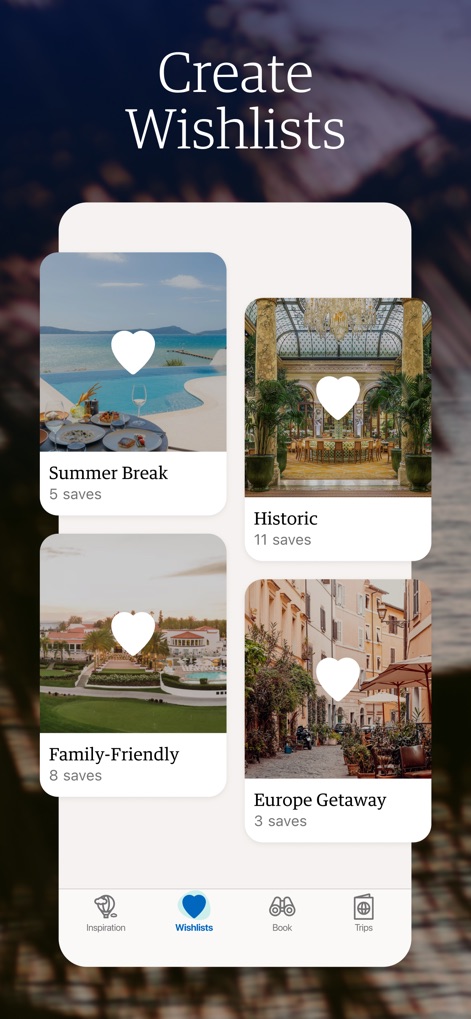 Amex Travel - Users can organize future travel ideas into personalized collections, clearly identified by descriptive cards and heart-shaped save icons.
