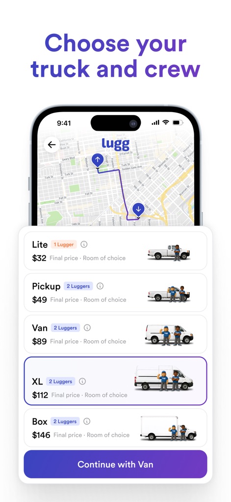Lugg - Moving & Delivery - Los usuarios pueden seleccionar el tipo de vehículo y el equipo necesario, visualizando opciones como la "Van" por $89 y las imágenes detalladas que acompañan a cada tamaño de camión, facilitando una elección informada.