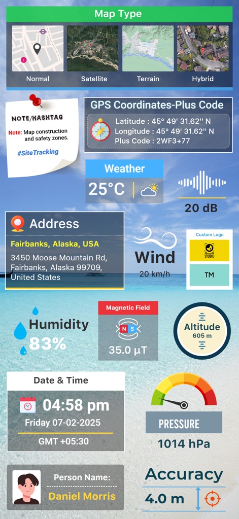 GPS Map Camera : Geo Photos - Explore the app's capability to integrate diverse map types with extensive environmental and personal data fields, providing comprehensive photo annotations.