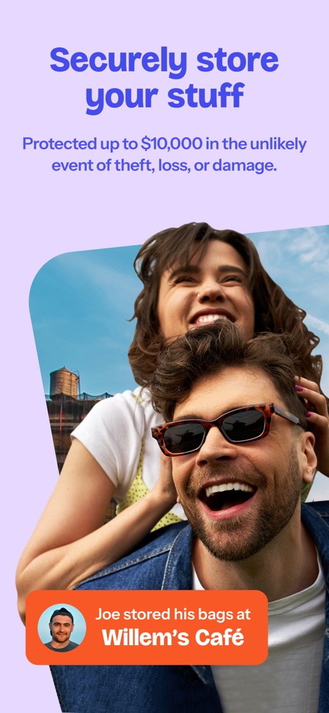Bounce: Luggage Storage Nearby - 이 앱은 '최대 $10,000 보호' 문구를 통해 안전성을 강조하며, 'Joe stored his bags at Willem's Café'와 같은 실제 사용자 경험을 공유합니다.