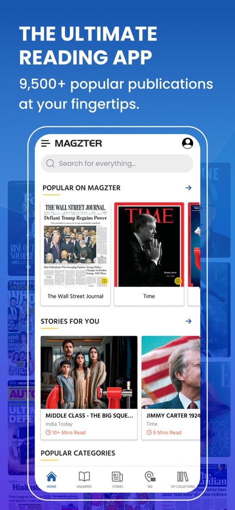 Magzter: Magazines, Newspapers - The app's intuitive interface organizes content into clear sections like "Popular on Magzter" and "Stories for you," ensuring users effortlessly discover new and relevant publications.