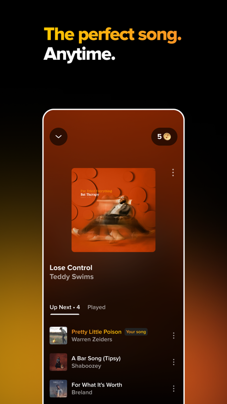 TouchTunes: Jukebox Music App Store screenshot 1, headline “The perfect song.”. Orange.