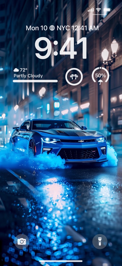 Cone AI Wallpapers 4K & 6К HD - Users can experience stunning lock screen visuals, featuring a captivating blue sports car with emanating blue smoke and integrated weather widgets.