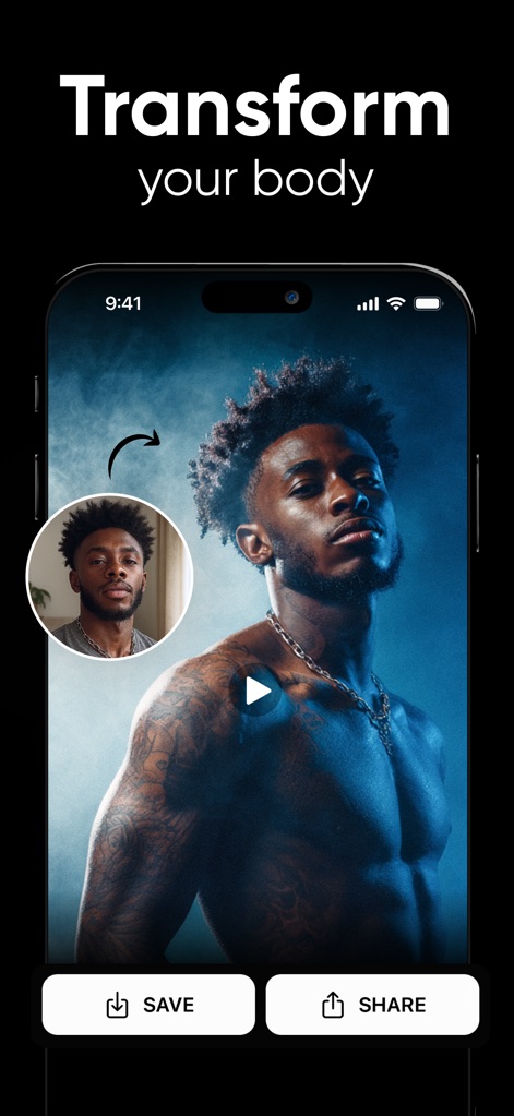 Shots: AI Photo Video Creator - This tool showcases its capability to transform body features, demonstrating an AI-generated muscular physique with visible tattoos, ready for saving or sharing.