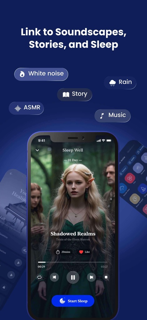 Sleep Monitor: Sleep Tracker - Die App bietet eine Vielfalt an entspannenden Inhalten, wie zum Beispiel die Option "White Noise" und beruhigende Geschichten wie "Shadowed Realms", um das Einschlafen zu erleichtern.